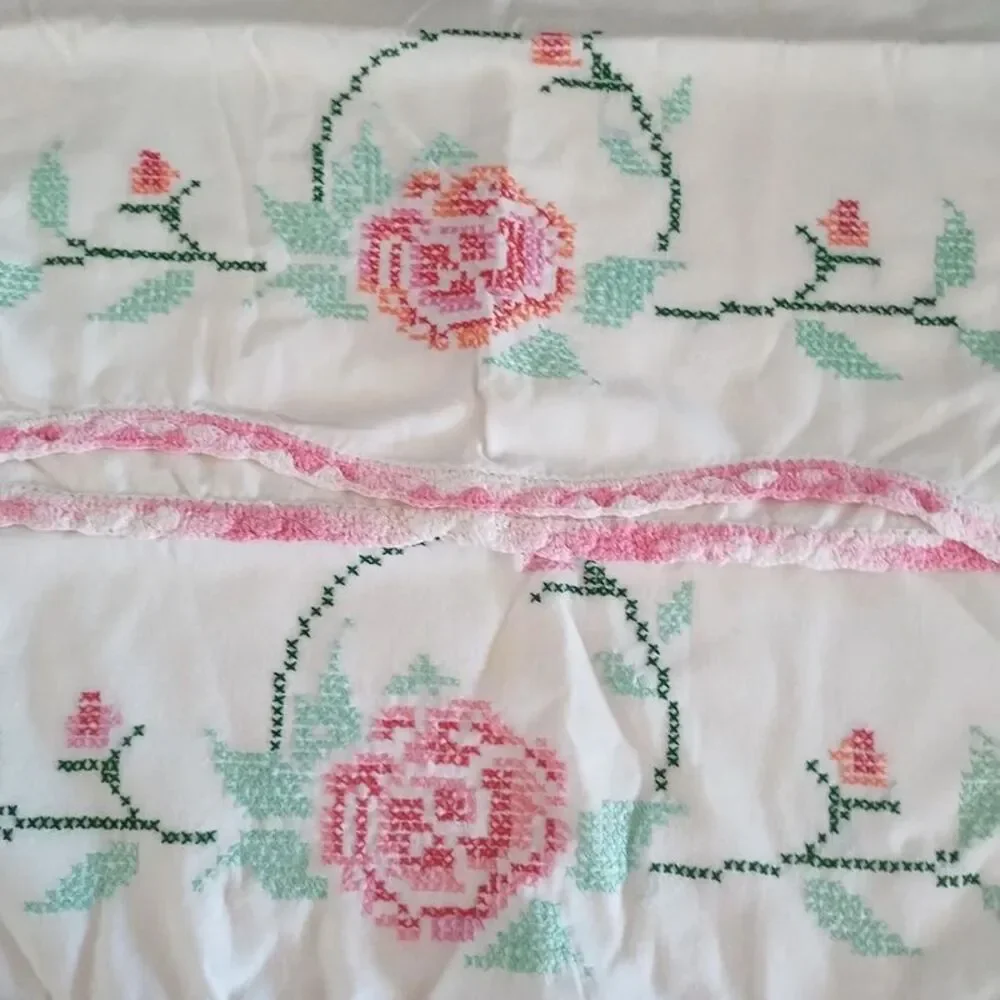 Vintage Hand Embroidered Pillowcases Pair Cross Stitch Pink Floral Queen